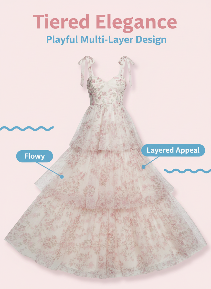 Romantic Pink Floral Tiered Chiffon Maxi Party Dress