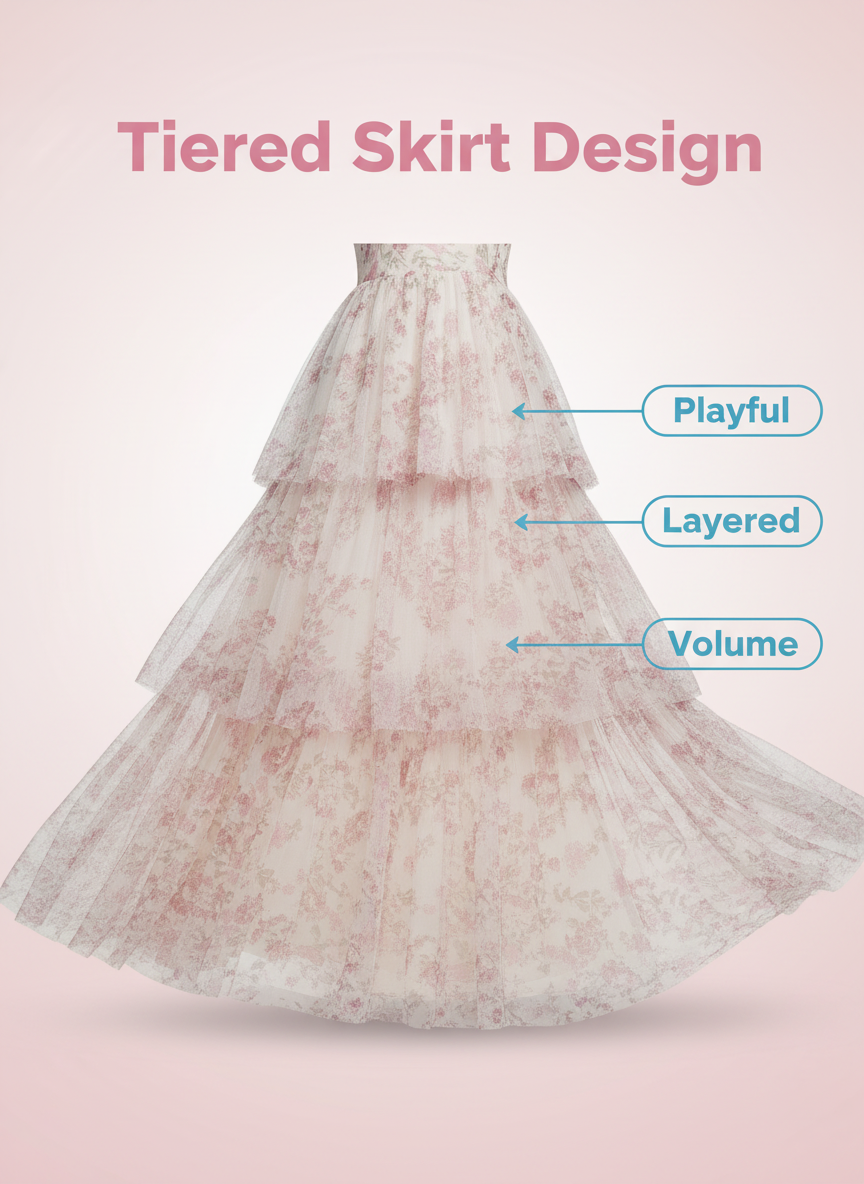 Romantic Pink Floral Tiered Chiffon Maxi Party Dress