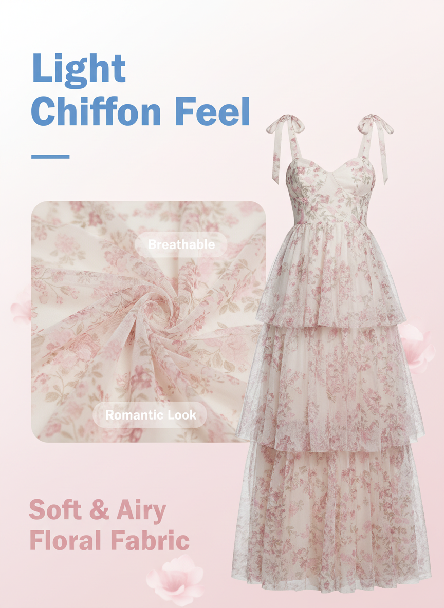 Romantic Pink Floral Tiered Chiffon Maxi Party Dress
