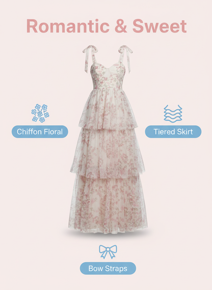 Romantic Pink Floral Tiered Chiffon Maxi Party Dress