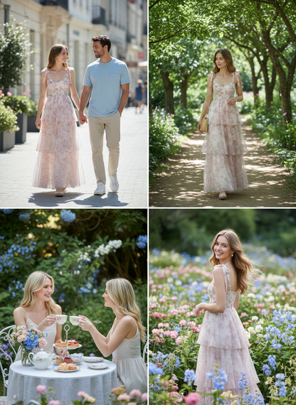 Romantic Pink Floral Tiered Chiffon Maxi Party Dress