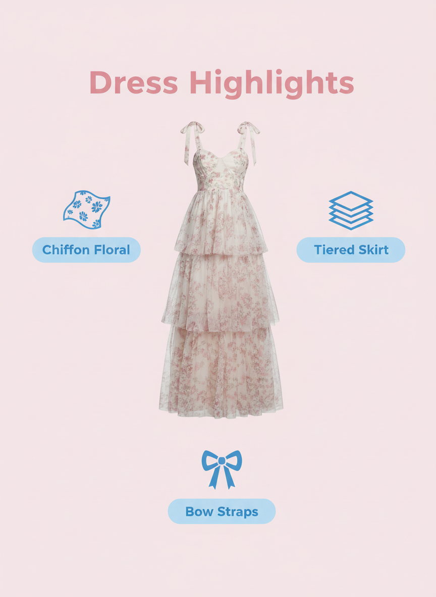 Romantic Pink Floral Tiered Chiffon Maxi Party Dress