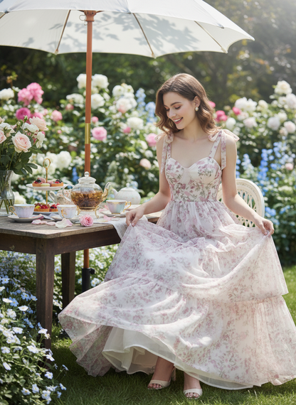 Romantic Pink Floral Tiered Chiffon Maxi Party Dress